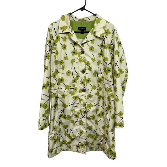 Lands' End Floral Rain Coat Jacket Green Brown Flowers Cottagecore Chic L - Picture 1 of 11